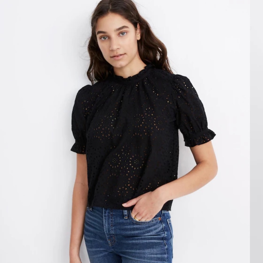 Madewell Embroidered Eyelet Ruffle-Neck Keyhole Top